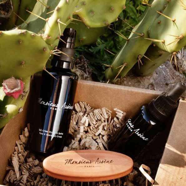 Coffret de Soin Bio avec le Gel-Crème Hydratant, l'Huile à Barbe, la Brosse à Barbe dans un figuier de barbarie